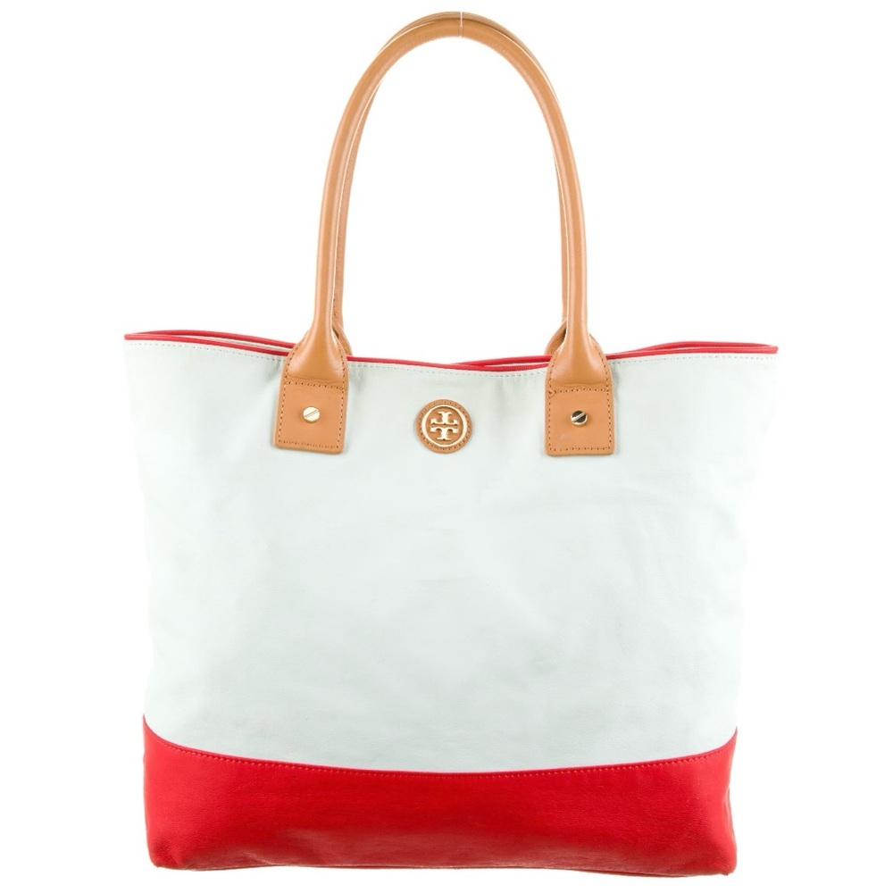 Tory Burch White Coated Canvas Leather Bag with Tan Handles